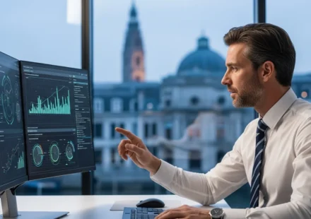 A professional reviewing data security for DORA compliance for European fintech companies in a modern office.