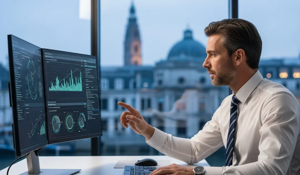 Is DORA Compliance Still a Challenge for European Fintechs in 2026? A professional reviewing data security for DORA compliance for European fintech companies in a modern office.