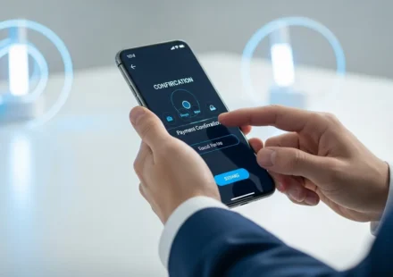 A man completing a secure transaction using embedded crypto payments in e-commerce checkout on a smartphone.