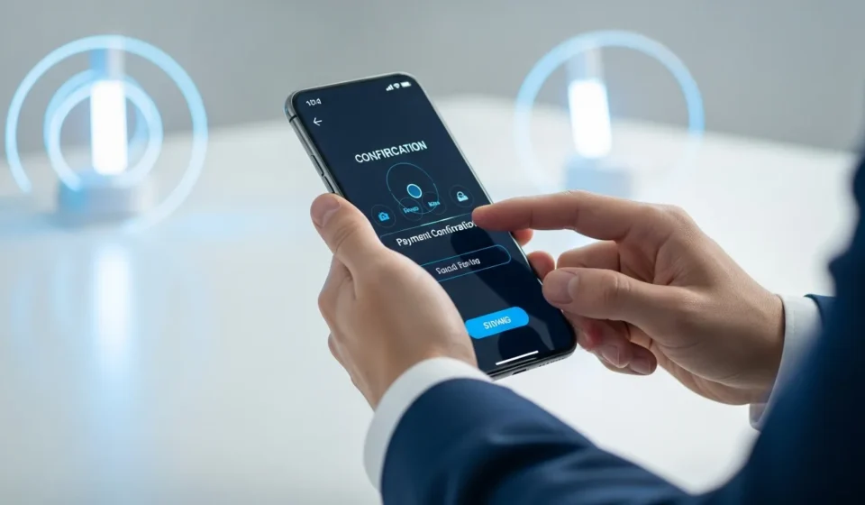 A man completing a secure transaction using embedded crypto payments in e-commerce checkout on a smartphone.