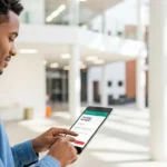 A man using modern embedded finance EdTech student payment platforms on a tablet in a high-tech university library.