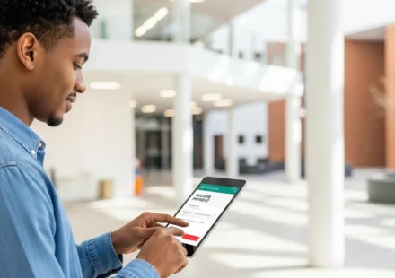 How is Embedded Finance Transforming EdTech Student Payment Platforms in 2026? A man using modern embedded finance EdTech student payment platforms on a tablet in a high-tech university library.