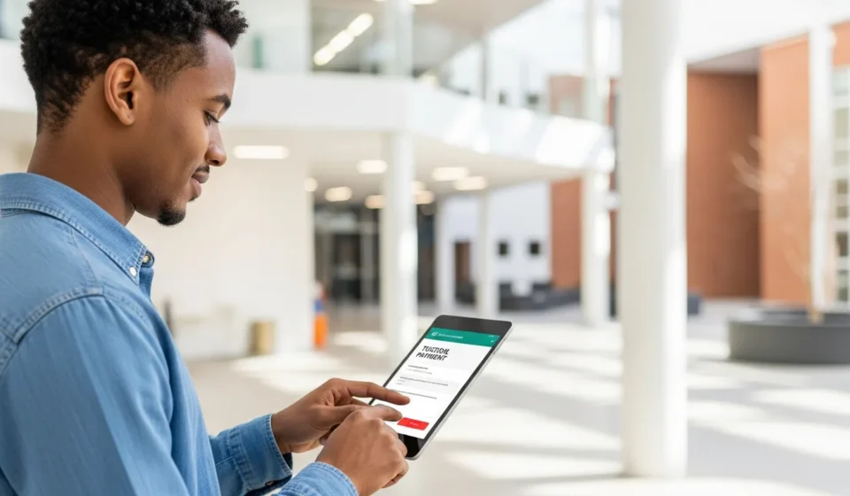 How is Embedded Finance Transforming EdTech Student Payment Platforms in 2026? A man using modern embedded finance EdTech student payment platforms on a tablet in a high-tech university library.
