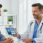 A man reviewing embedded finance for healthcare patient financing options on a tablet in a modern medical office.
