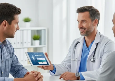 A man reviewing embedded finance for healthcare patient financing options on a tablet in a modern medical office.