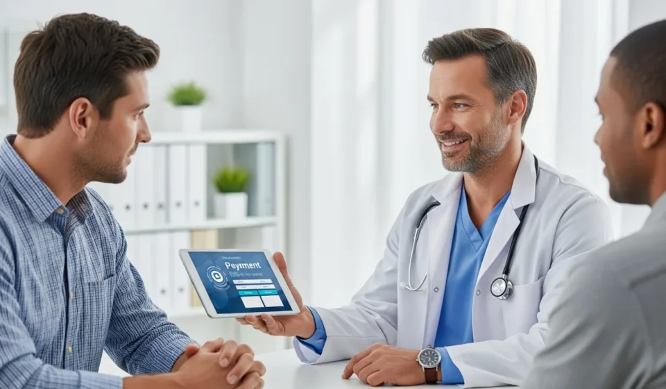 A man reviewing embedded finance for healthcare patient financing options on a tablet in a modern medical office.