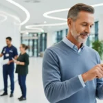 A man using embedded finance healthcare payments platforms to manage medical costs on a mobile device in a modern clinic.