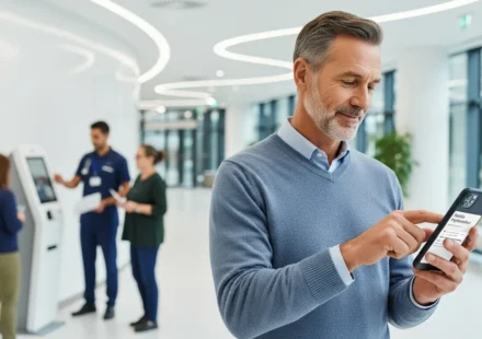 A man using embedded finance healthcare payments platforms to manage medical costs on a mobile device in a modern clinic.