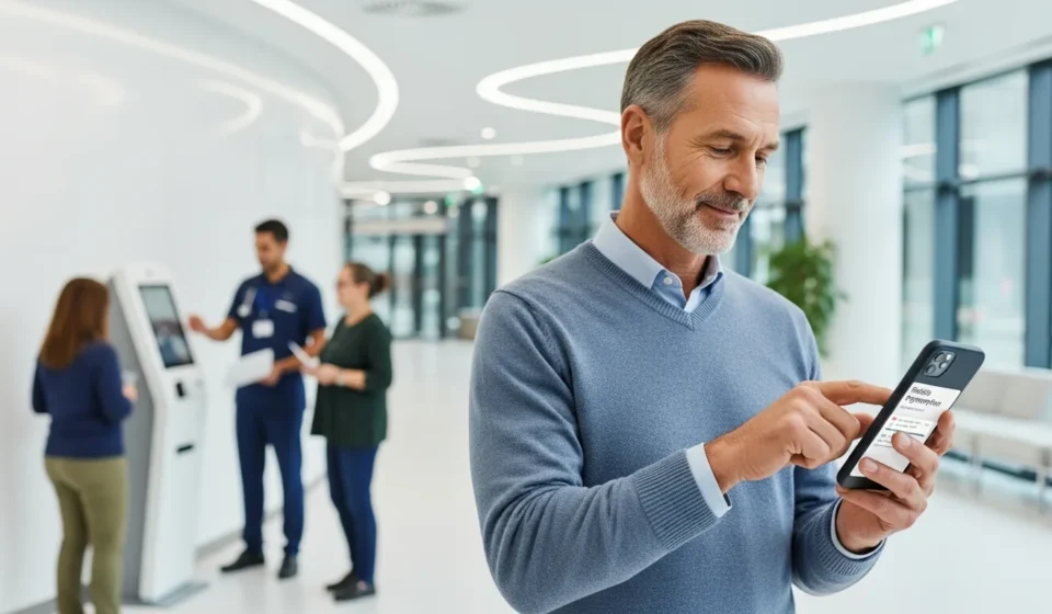 How Are Embedded Finance Healthcare Payments Platforms Solving Medical Debt in 2026? A man using embedded finance healthcare payments platforms to manage medical costs on a mobile device in a modern clinic.