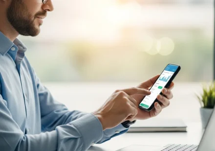 A professional man using embedded finance payroll advance platforms on a smartphone for early wage access.