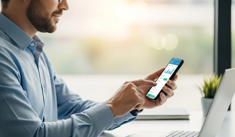 A professional man using embedded finance payroll advance platforms on a smartphone for early wage access.