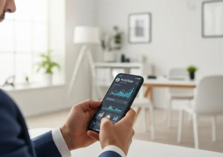 A man manages assets using embedded investment platforms for non-financial apps on a high-end smartphone.