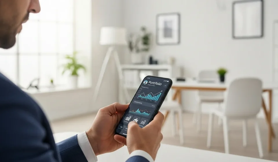 A man manages assets using embedded investment platforms for non-financial apps on a high-end smartphone.