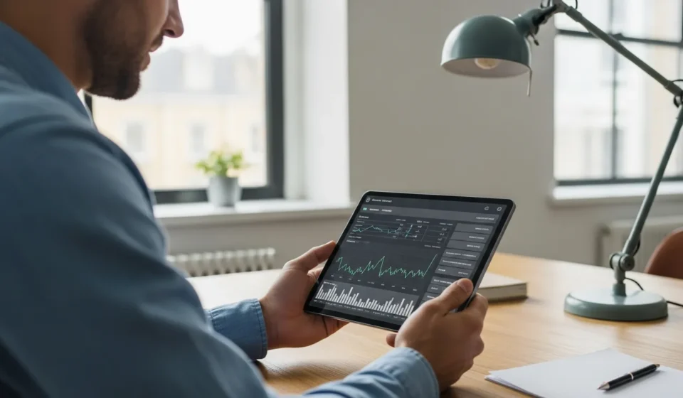 A professional managing embedded payroll fintech solutions for gig platforms via a sleek mobile dashboard interface.