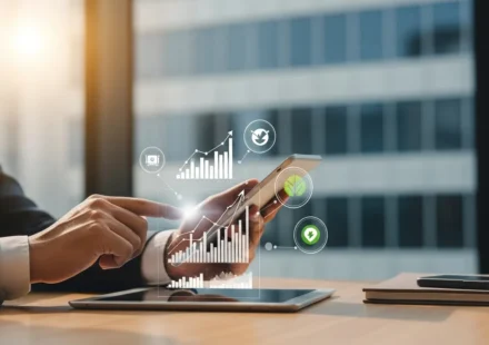 A professional analyzing ESG data integration in fintech lending platforms on a digital dashboard interface.