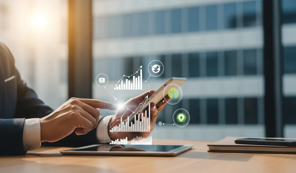 A professional analyzing ESG data integration in fintech lending platforms on a digital dashboard interface.