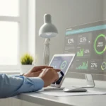 A professional using ESG reporting automation for fintech lenders on a tablet in a modern office.