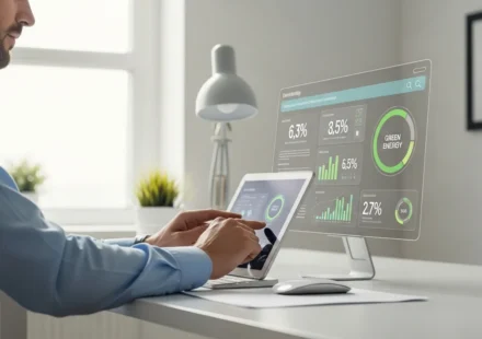 A professional using ESG reporting automation for fintech lenders on a tablet in a modern office.
