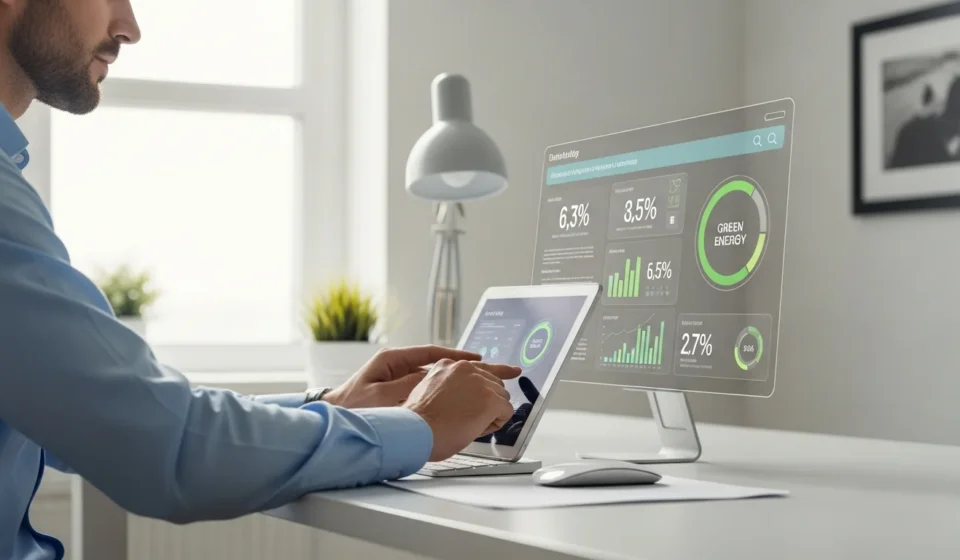 A professional using ESG reporting automation for fintech lenders on a tablet in a modern office.