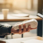 A merchant will evaluate the fintech company dojo on contactless payments using a sleek card reader in a modern shop.