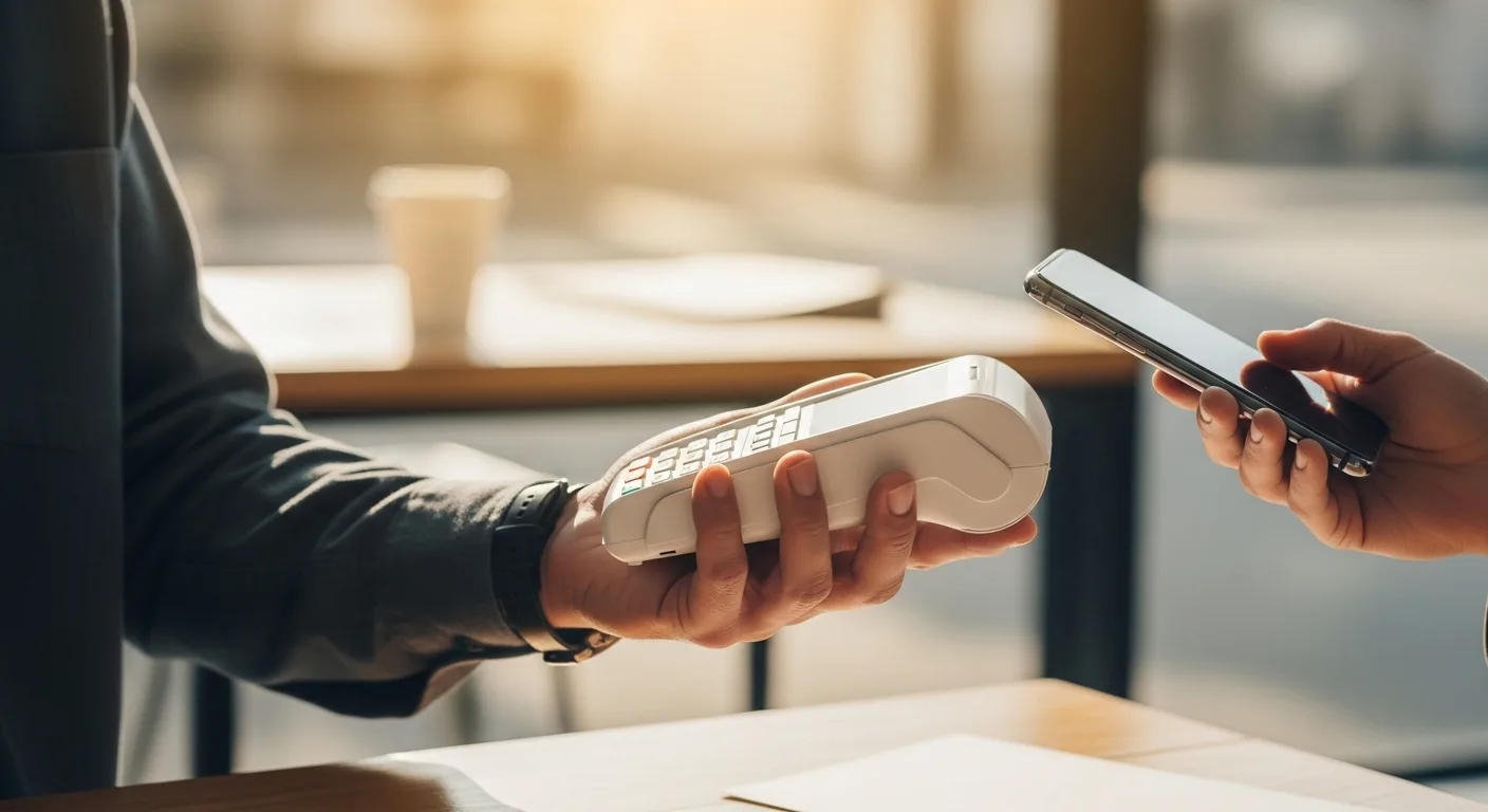 A merchant will evaluate the fintech company dojo on contactless payments using a sleek card reader in a modern shop.