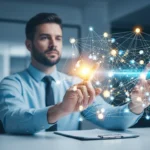 A decentralized network visualization of financial data mesh architecture fintech platforms for modern banking systems.