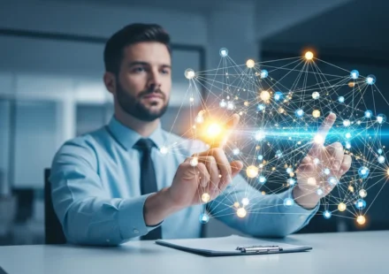A decentralized network visualization of financial data mesh architecture fintech platforms for modern banking systems.