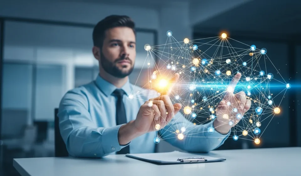A decentralized network visualization of financial data mesh architecture fintech platforms for modern banking systems.