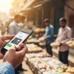 A man using a smartphone for financial inclusion mobile-first platforms emerging markets in a busy outdoor marketplace.
