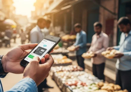 A man using a smartphone for financial inclusion mobile-first platforms emerging markets in a busy outdoor marketplace.