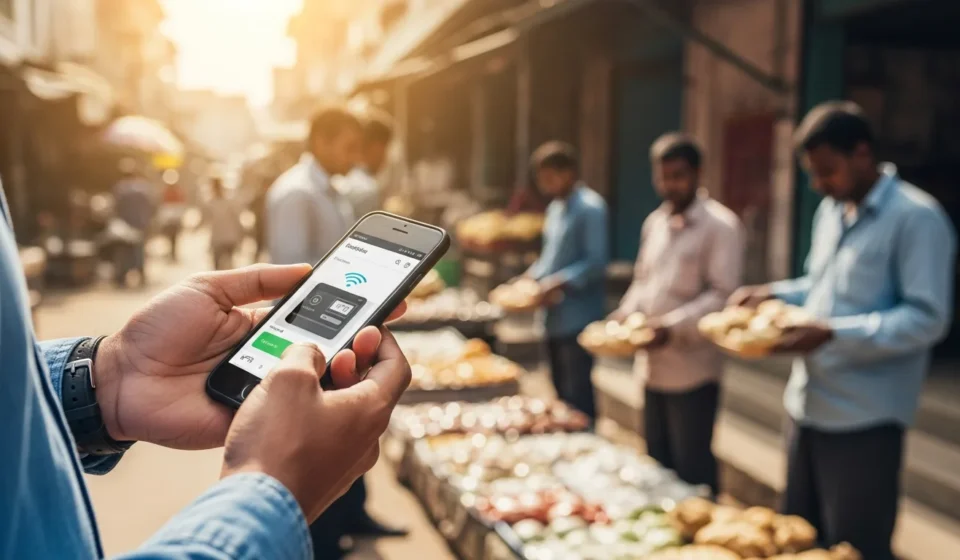 How Are Mobile-First Platforms Revolutionizing Financial Inclusion in Emerging Markets? A man using a smartphone for financial inclusion mobile-first platforms emerging markets in a busy outdoor marketplace.