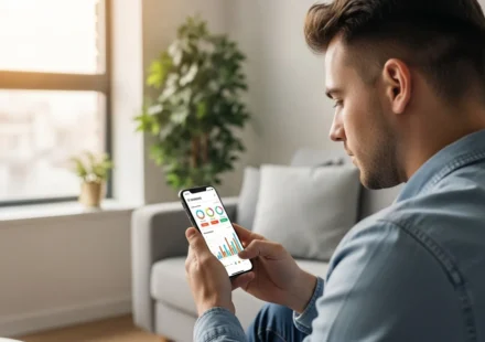 Young man using interactive financial literacy tools for Gen Z mobile apps to manage his personal finances.