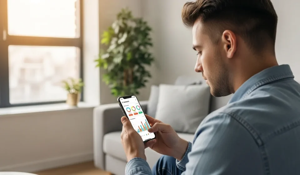 Young man using interactive financial literacy tools for Gen Z mobile apps to manage his personal finances.