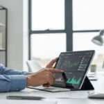 A professional reviewing financial super-app strategies for SMEs on a tablet in a modern office setting.