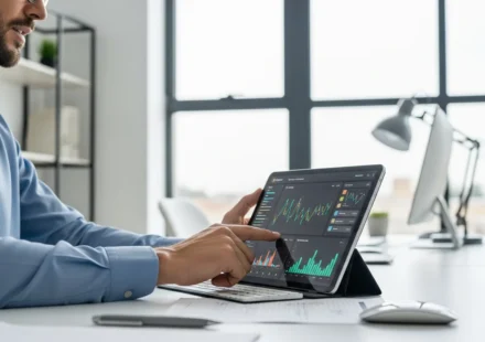 A professional reviewing financial super-app strategies for SMEs on a tablet in a modern office setting.