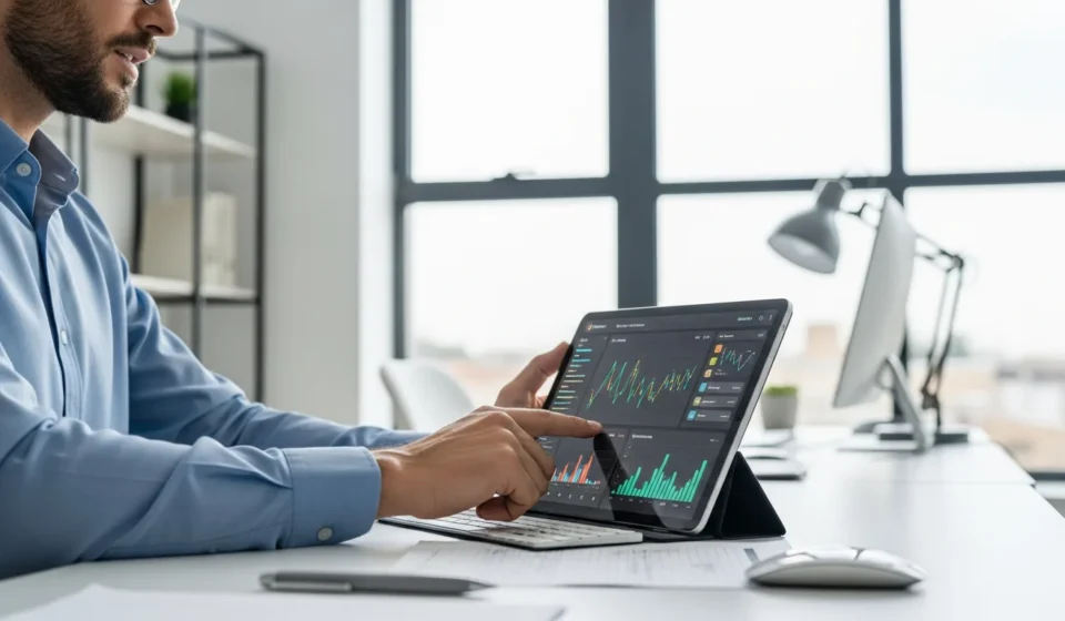 How Can SMEs Leverage Financial Super-Apps for Maximum Growth in 2026? A professional reviewing financial super-app strategies for SMEs on a tablet in a modern office setting.