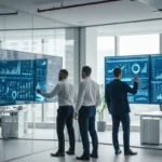 Professional men analyzing growth charts and financial data at a modern fintech accelerator workspace.
