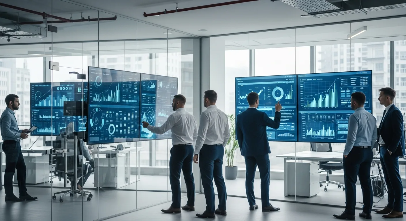 Professional men analyzing growth charts and financial data at a modern fintech accelerator workspace.