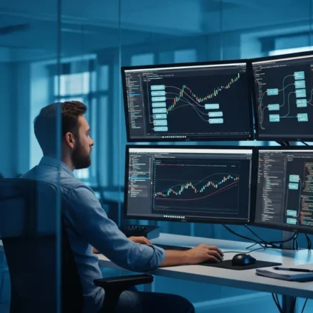 A professional developer navigating a fintech API developer experience marketplace 2026 on a sleek workstation.