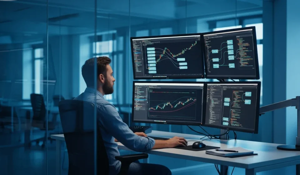 A professional developer navigating a fintech API developer experience marketplace 2026 on a sleek workstation.