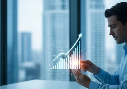 A businessman reviewing a fintech customer acquisition organic SEO strategy 2026 on a digital interface.