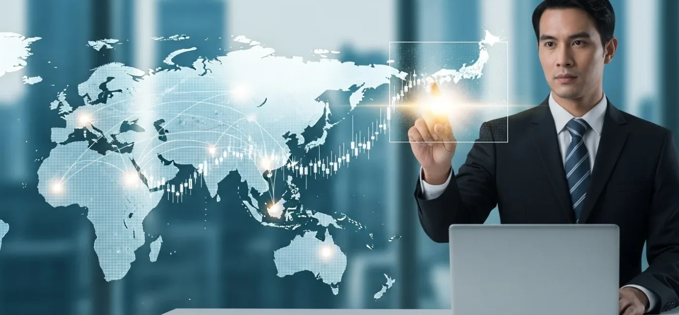 A professional mapping a fintech emerging market expansion Asia-Pacific strategy on a glowing digital interface.