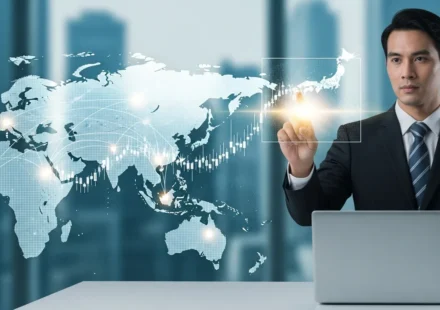 A professional mapping a fintech emerging market expansion Asia-Pacific strategy on a glowing digital interface.