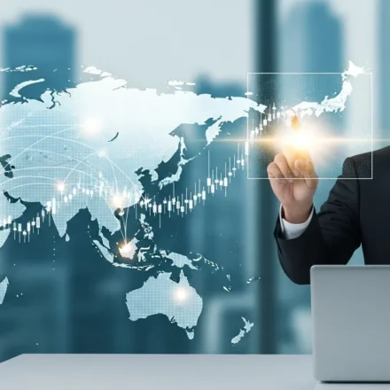 A professional mapping a fintech emerging market expansion Asia-Pacific strategy on a glowing digital interface.