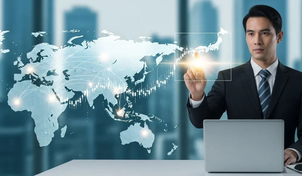 A professional mapping a fintech emerging market expansion Asia-Pacific strategy on a glowing digital interface.
