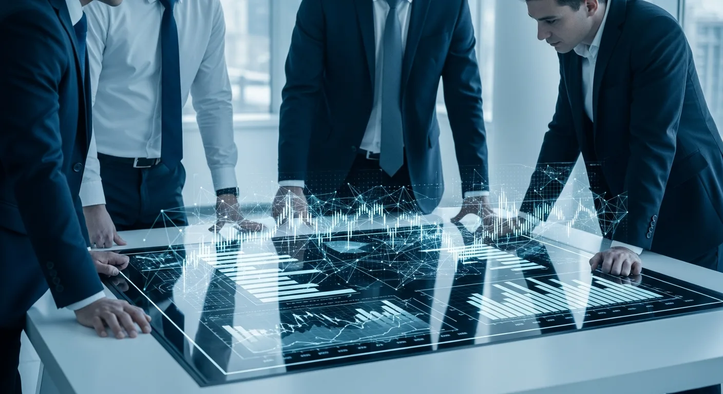 Professional men reviewing data insights from emerging fintech leaders in ai tech for the year 2026.