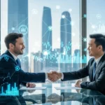 Professional men shaking hands in a modern office representing current fintech m&a trends.