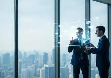 Corporate leaders discussing fintech M&A consolidation trends 2026 in a high-tech boardroom setting.