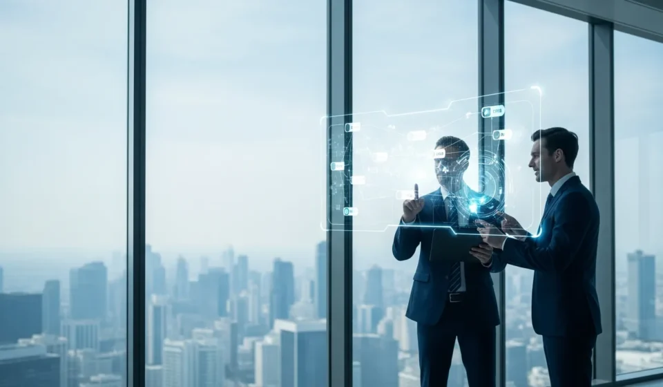Corporate leaders discussing fintech M&A consolidation trends 2026 in a high-tech boardroom setting.