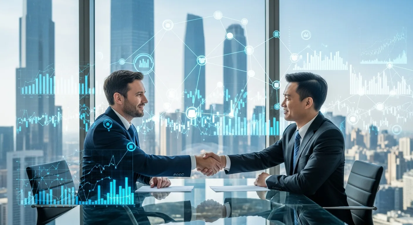 Professional men shaking hands in a modern office representing current fintech m&a trends.